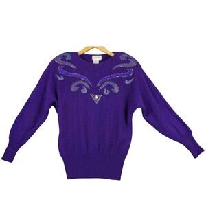 Vintage Cedars Women’s Lambswool Embroidered Sweater Sz L Long Sleeve Purple